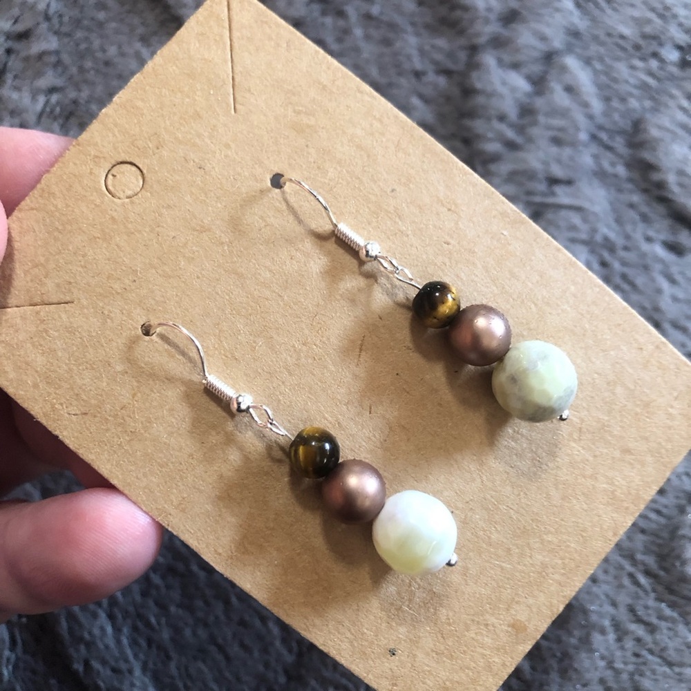 Handcrafted genuine stone faceted quartz tigers eye dangle earrings